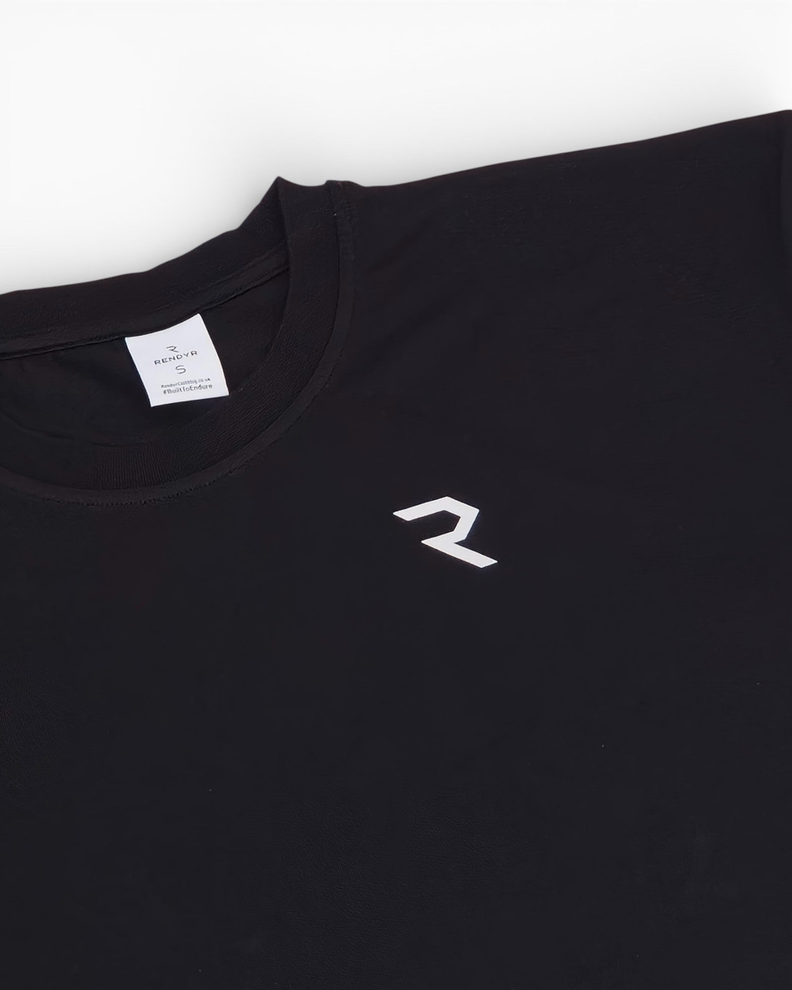 Rendyr Bold Tee front view in black on white background with Rendyr R logo in white