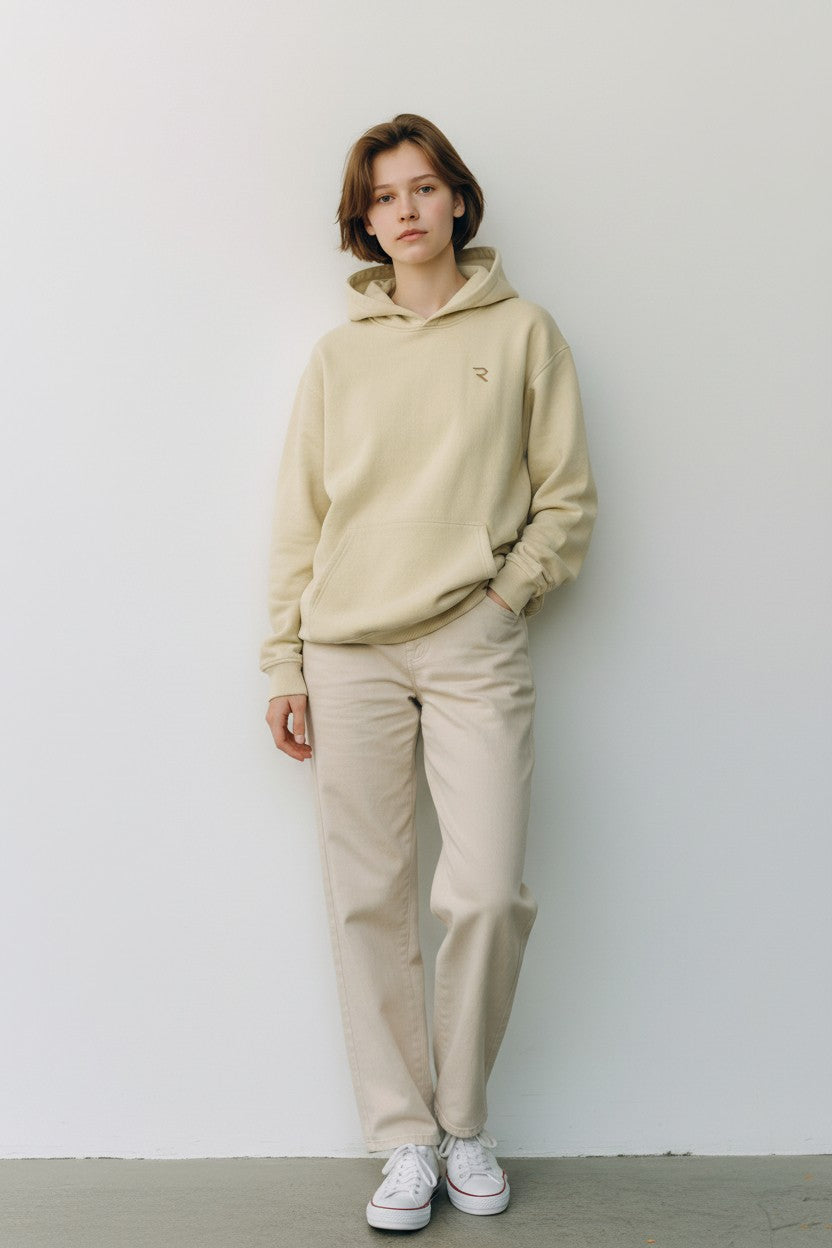 Model wearing oversized 350GSM heavyweight beige hoodie - Rendyr Core Collection