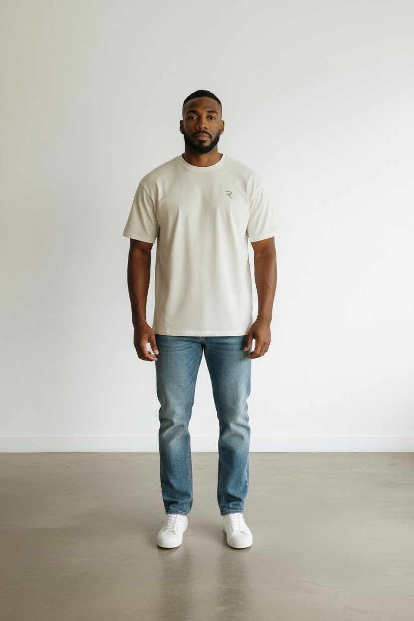 Model wearing oversized 250GSM heavyweight beige tee- Rendyr Core Collection