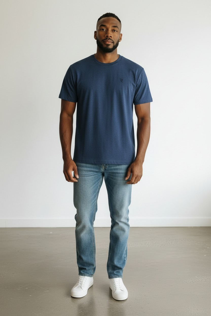 Model wearing oversized 250GSM heavyweight blue tee- Rendyr Core Collection