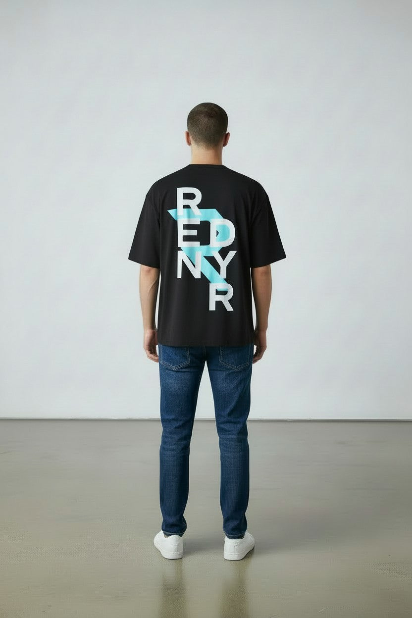Model wearing oversized heavyweight graphic black tee - Rendyr BOLD Collection