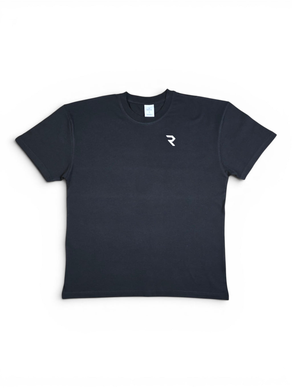 Rendyr Bold Tee front view in black on white background with white R logo on top left chest
