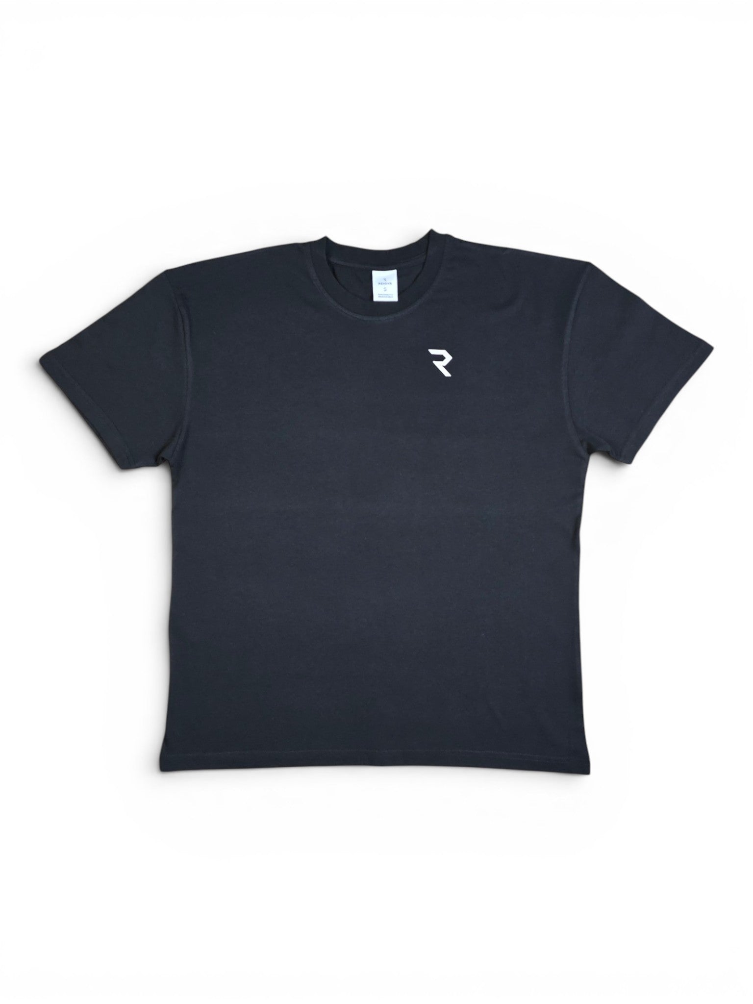 Rendyr Bold Tee front view in black on white background with white R logo on top left chest