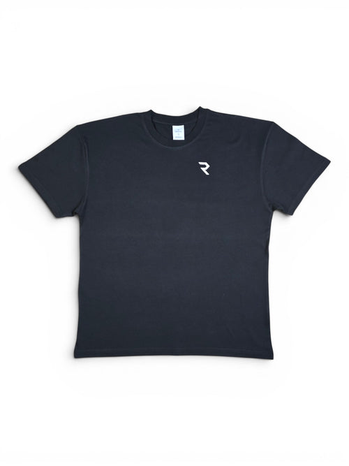Rendyr Bold Tee front view in black on white background with white R logo on top left chest