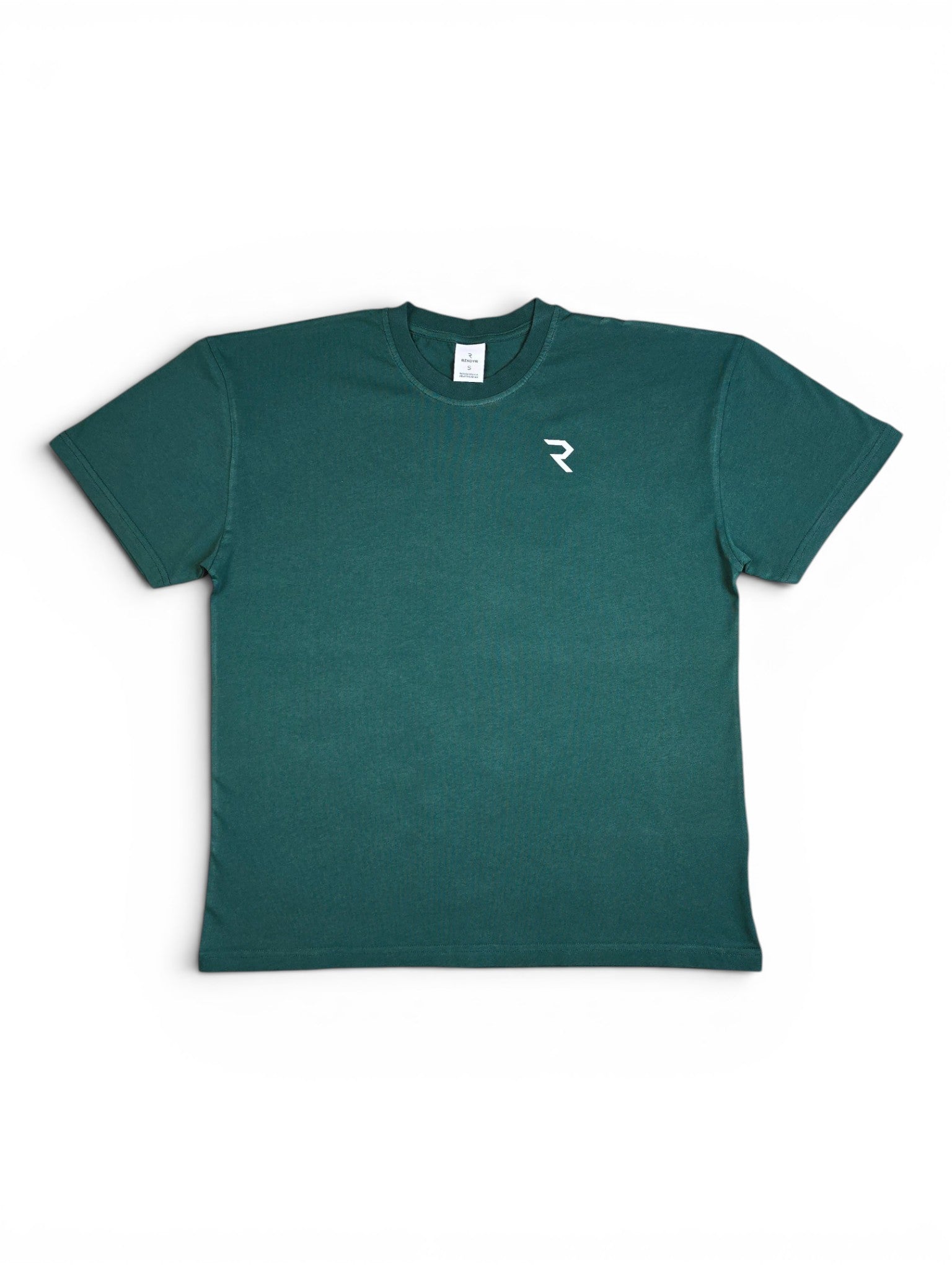 Rendyr Bold Tee front view in green on white background with white R logo on top left chest