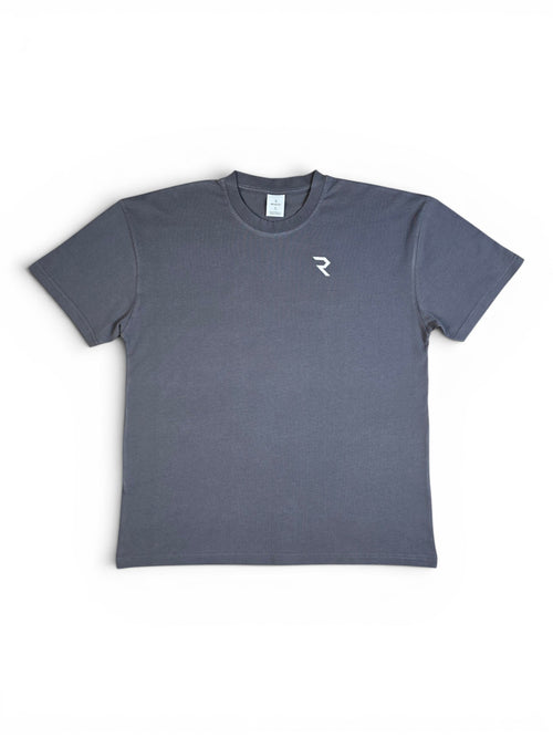 Rendyr Bold Tee front view in grey on white background with white R logo on top left chest