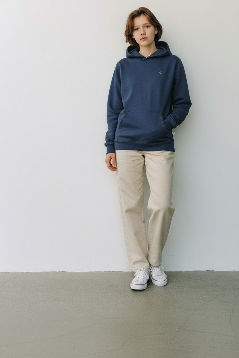 Model wearing oversized 350GSM heavyweight blue hoodie - Rendyr Core Collection