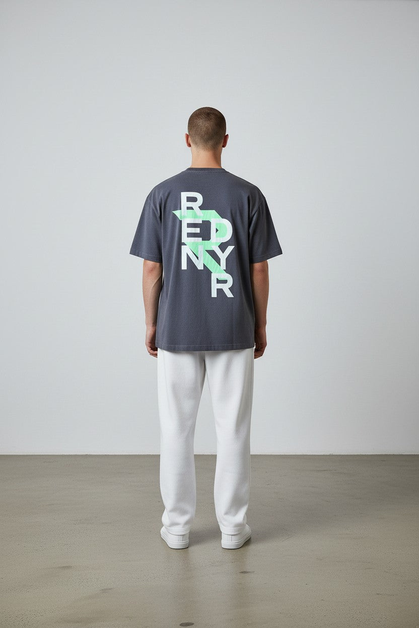 Model wearing oversized heavyweight graphic grey tee - Rendyr BOLD Collection